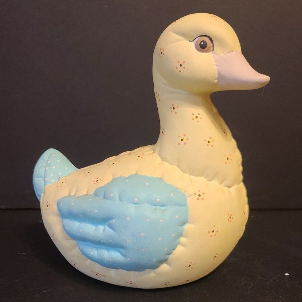 1980's Kimple Mold Ceramic Duck Yellow/Blue Quilted Look Hand Painted‎ Engraved